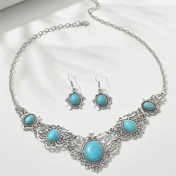 Bohemia Vintage Turquoise Necklace Earrings Jewelry Set Elegant Party Gift - Picture 5 of 5